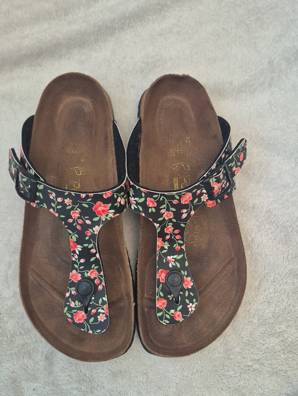 Birkenstock  Papillio Black Floral Thong Sandals with Pink Roses